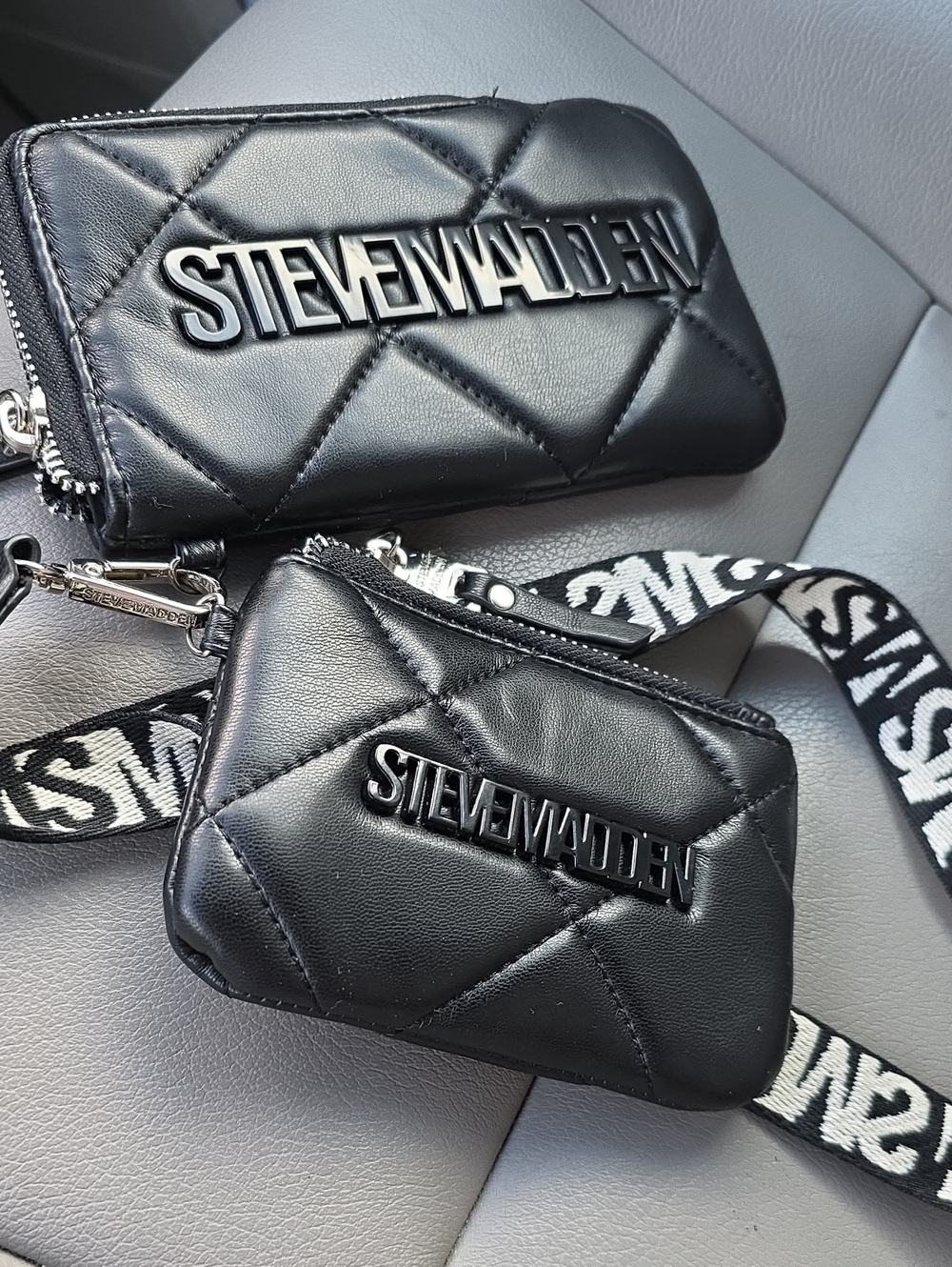 Steve Madden Broxxy Black Quilted Zip Pouch Set with Branded Strap